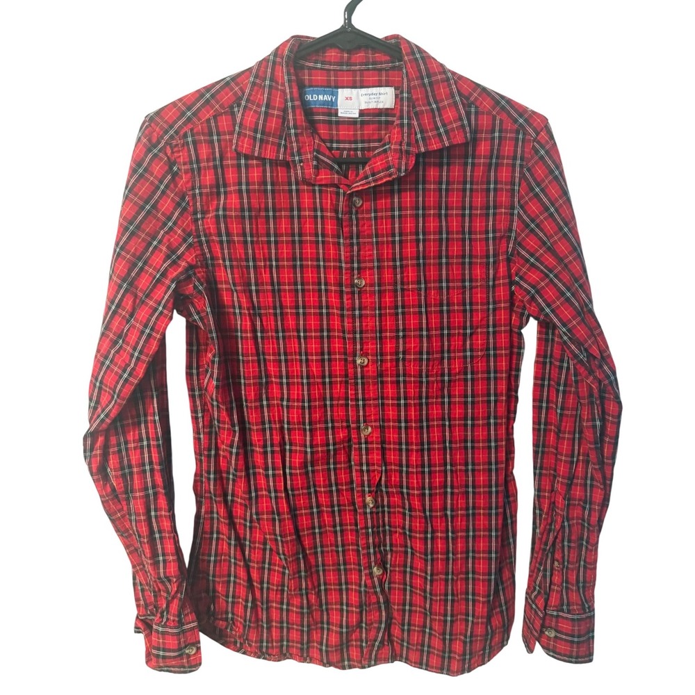 Old Navy Button Down Mens XS Red Plaid Slim Fit Flex Shirt
